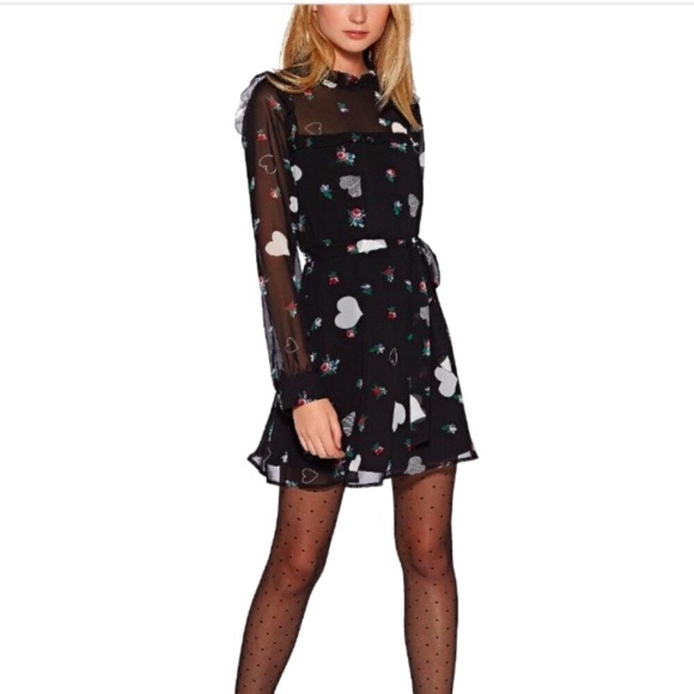 Avec Les Filles Sheer Floral Heart Print Mini Dress Women's Size S Ruffled Trim